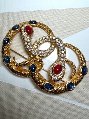 Vintage 80s KJL for Avon Gold Medusa Snake Brooch with Blue and Red Cabochons